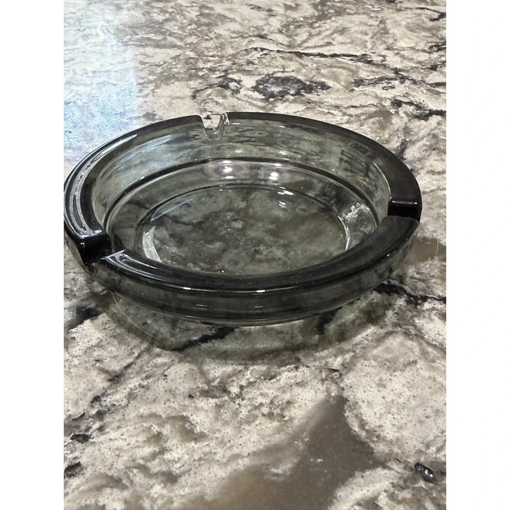 Vintage Smoky Gray Round Glass Ashtray 3 Slot 4.5